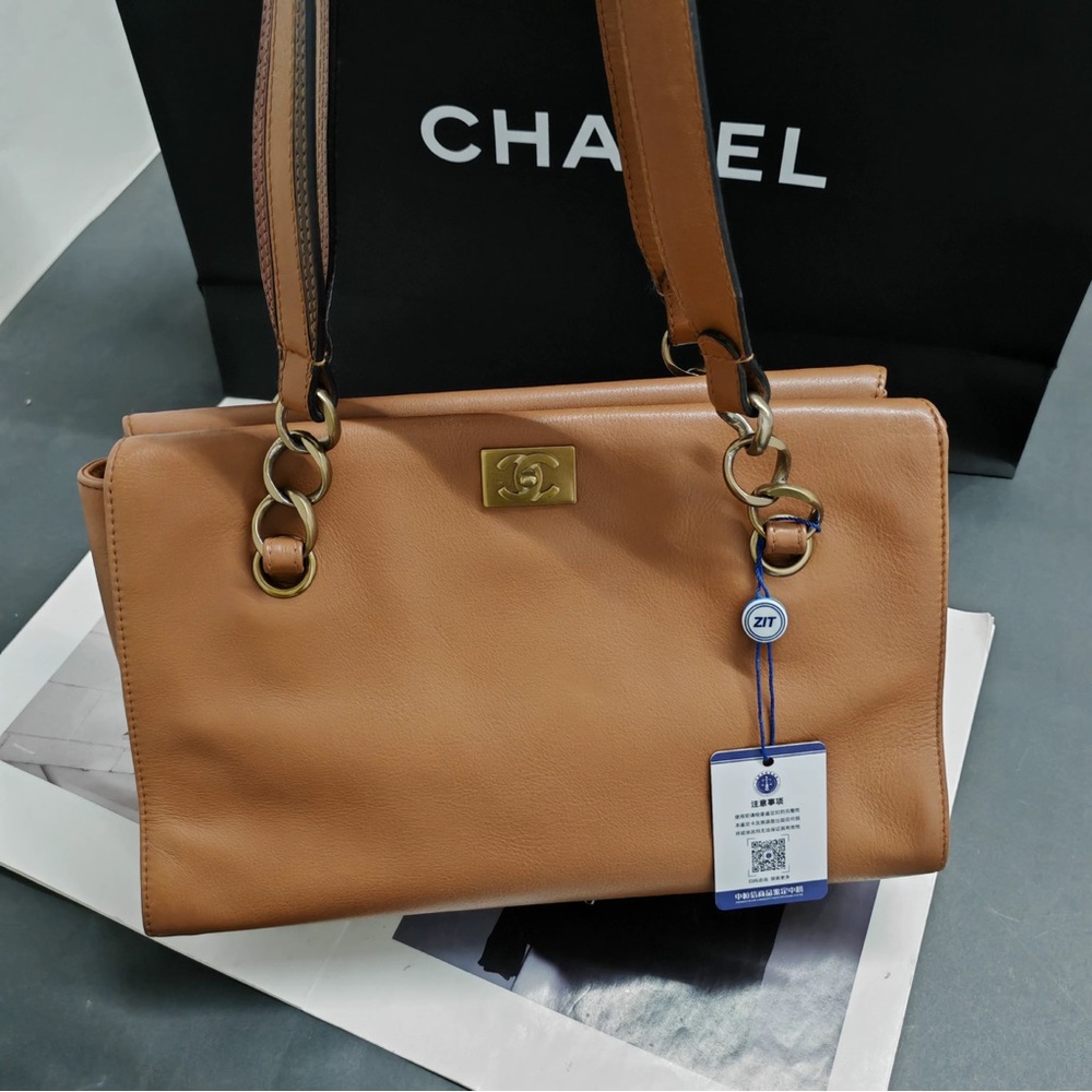 Authentic Chanel leather camel small tote